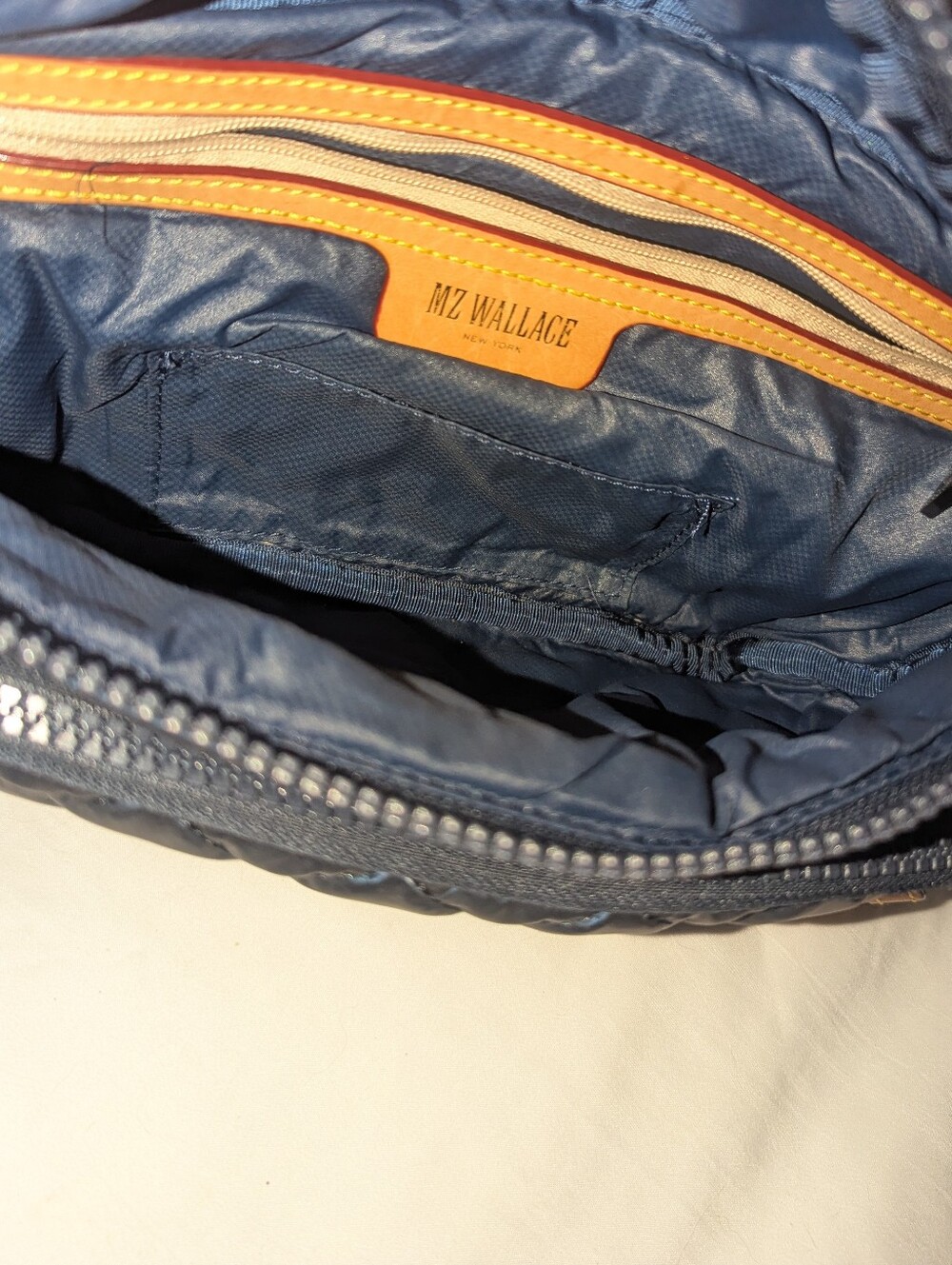 MZ Wallace Metro Quilted Sling Navy /Waist Bag with Leather Pulls - Picture 13 of 14